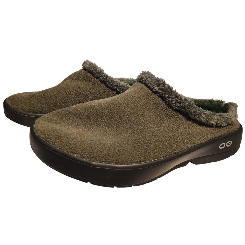 Oofos OOcozy Men 11 Recovery Mules Olive Green Fleece Faux Fur Clogs 03012025-29